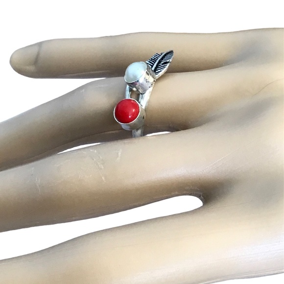Feather Pearl &  Coral Silver Ring Gemstone Southwest Boho Minimalist - Picture 2 of 8
